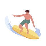 Young guy riding surfboard. Active male character in swimwear surfing ocean wave. Sea leisure hobby, sport recreation