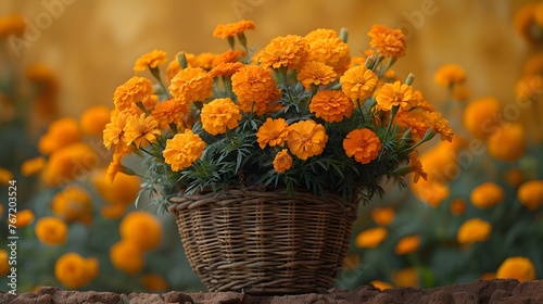 a cluster of marigolds in a rustic woven basket, against a warm goldenrod yellow backdrop, portraying the vibrant blooms and intricate petals in lifelike 16k ultra HD.