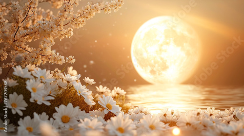 A full moon with few white flowers in the foreground background