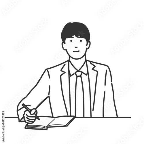 メモを取る男性のイラスト　ベクター素材　白背景、白バック、背景なし