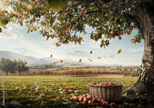 Idyllic Autumn Harmony: Lush Apple Tree Overflows Above Woven Basket Amidst a Peaceful Orchard at Harvest Time