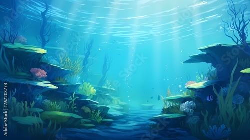 A tranquil underwater gradient scene, with deep ocean blues transitioning to aquamarine greens, providing a serene backdrop for graphic resources and illustrations. © Kanwal
