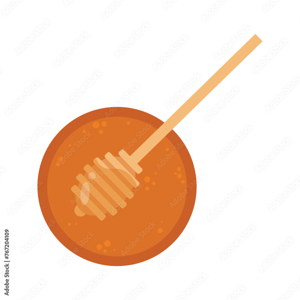 A wooden stick is sticking out of a honey dipper, used for drizzling honey. Flat illustration isolated on background A wooden stick is sticking out of a honey dipper, used for drizzling honey. Flat illustration isolated on background