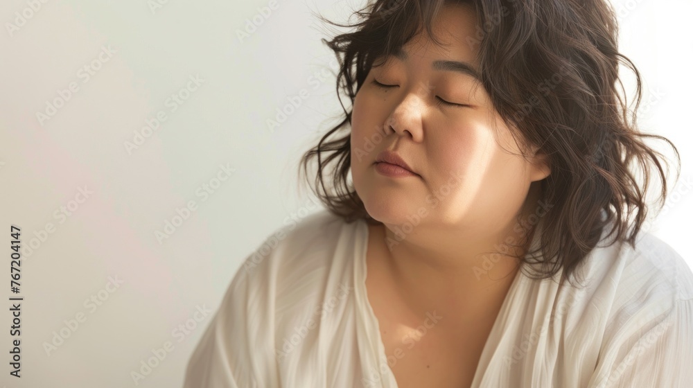 A woman with closed eyes wearing a white top with her hair slightly disheveled against a blurred background possibly in a moment of relaxation or contemplation.