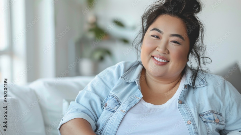 Smiling woman with dark hair wearing a light blue denim jacket over a white top seated in a brightly lit room with white furniture and greenery in the background. Smiling woman with dark hair wearing a light blue denim jacket over a white top seated in a brightly lit room with white furniture and greenery in the background.