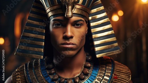 Close-up portrait of an Egyptian pharaoh in royal attire and his entourage. Ancient Egypt concept. Ai-generated. photo