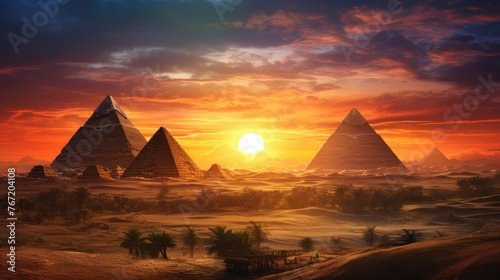 Landscape with ancient Egyptian pyramids  beautiful sky and sunset. The concept of ancient history. AI-generated.