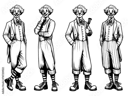 Set full length clown, dressed actor in makeup. Sketch board imitation. Vector, generative ai.