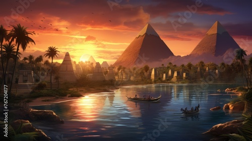 Landscape with ancient Egyptian pyramids, beautiful sky and sunset. The concept of ancient history. AI-generated.