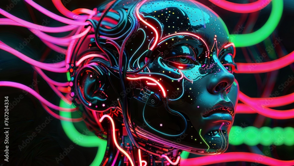 A striking digital illustration featuring a highly stylized, futuristic android or cyborg face with intricate neon-colored circuitry patterns and glowing energy trails, exuding a cyberpunk aesthetic.