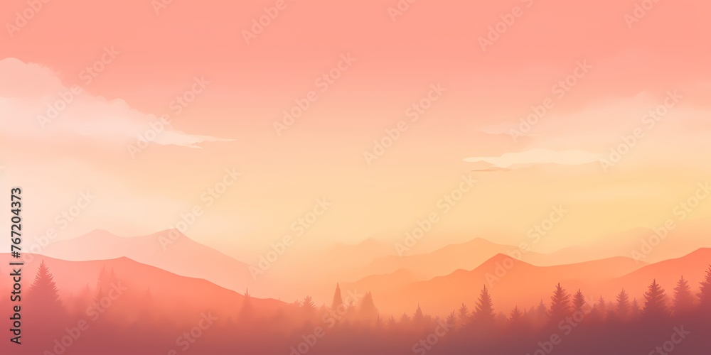 A tranquil sunset gradient background, transitioning from soft pastel pinks to deep oranges, casting a warm glow over the landscape.