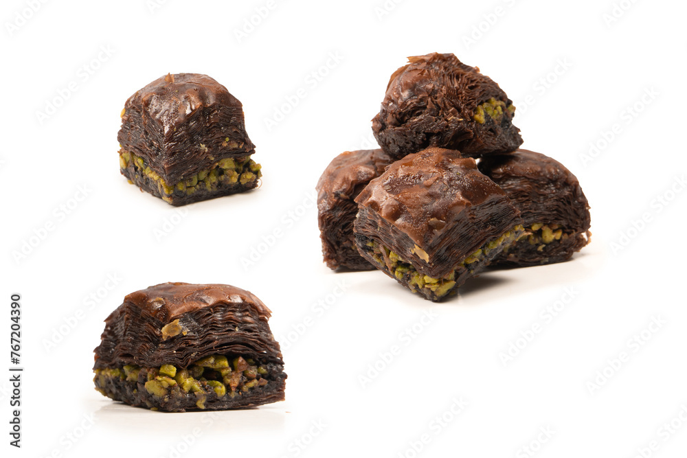 Turkish chocolate baklava isolated on white background. Turkish chocolate baklava isolated on white background.