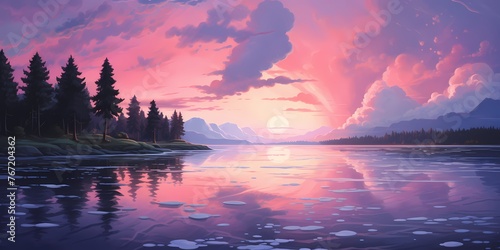 A tranquil sunset over a serene lake, with hues of pastel pink melting into deep indigo.