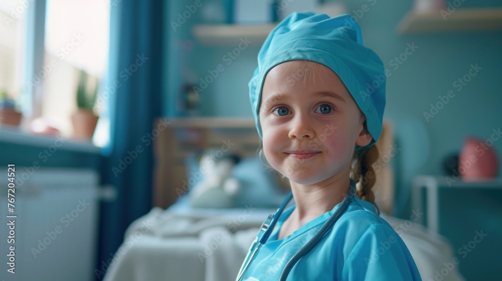 Young girl in blue scrubs and cap smiling standing in a room with a window and a bed suggesting a playful or imaginative setting. Young girl in blue scrubs and cap smiling standing in a room with a window and a bed suggesting a playful or imaginative setting.