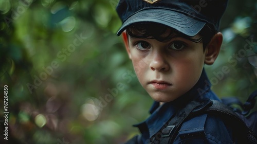 Young boy in uniform serious expression standing in forest blurred background focus on face cap and uniform details. © iuricazac