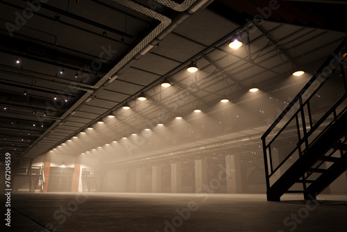 Spacious and Unfurnished Industrial Warehouse Interior with Atmospheric Lighting photo