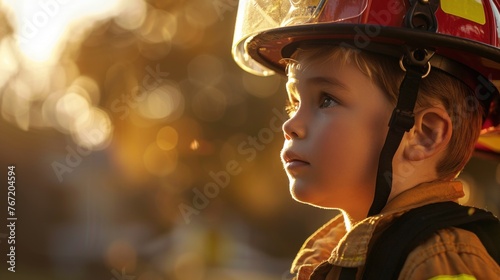 Young boy in firefighter gear looking up with a focused expression set against a warm blurred background possibly at sunset.
