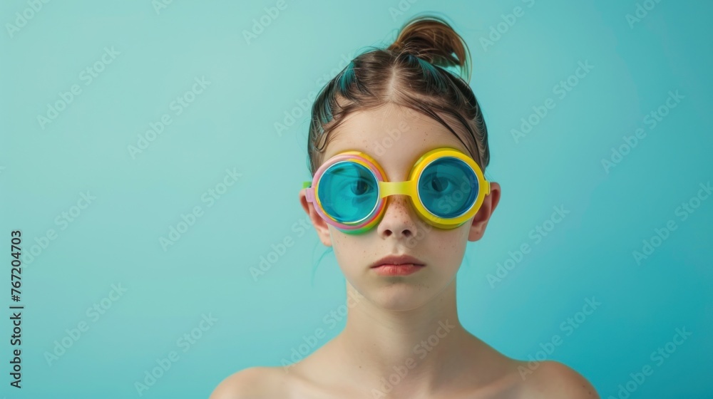 A young girl with a side ponytail wearing oversized colorful goggles with a blue background. A young girl with a side ponytail wearing oversized colorful goggles with a blue background.