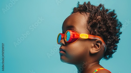 Young child with curly hair wearing colorful oversized goggles with a blue tint set against a vibrant blue background.