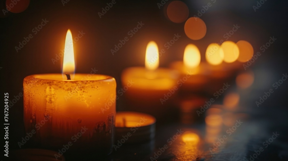 A row of variously sized, glowing candles in a dark room, their flames casting a soft, warm light