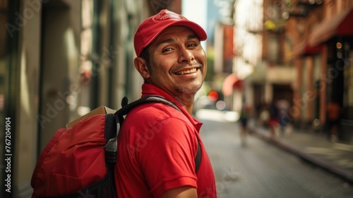 Smiling man in red cap and shirt with backpack standing on city street.