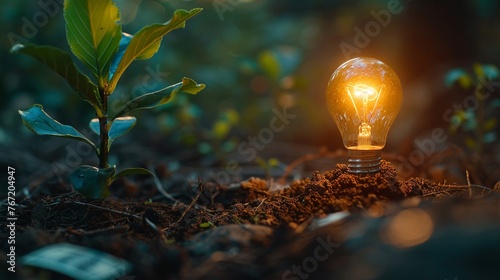 A lightbulb illuminating ideas around a growing sapling on a bed of money photo