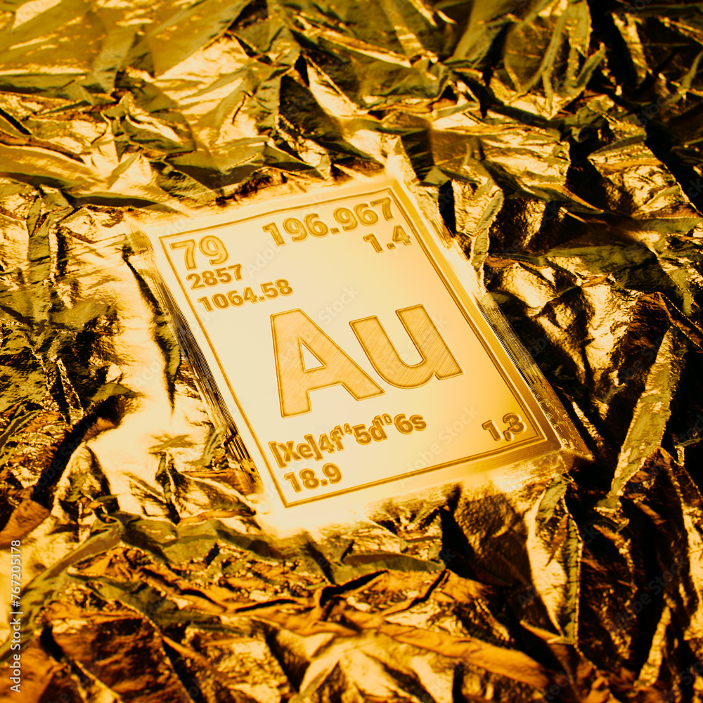 Close-Up View of Gold Element Information on Shimmering Foil Texture Background