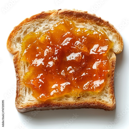 Roasted slice of toast bread with Apricot jam isolated on white background with shadow. Toast top view. Slightly burnt toast bread flat lay. Apricot jam