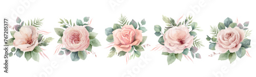 Dusty pink roses flowers and eucalyptus branches. Set vector watercolor floral bouquets. Foliage arrangement for wedding , greetings, wallpapers, fashion, home decoration. Hand painted illustration. photo