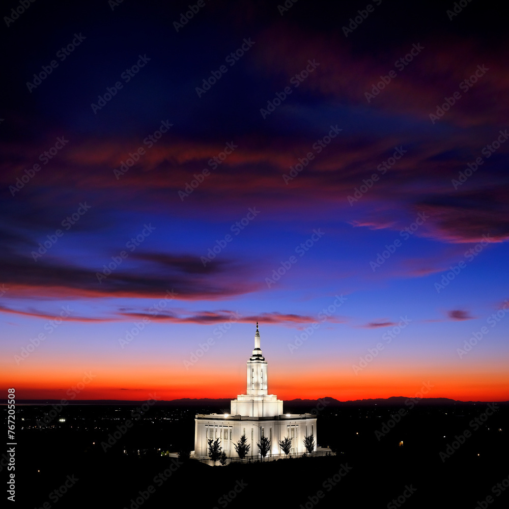 Pocatello LDS Mormon Latter-Day Saint Temple at Sunset with Glowing Lights