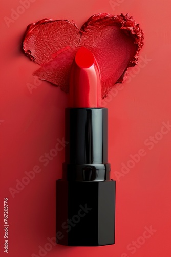 red lipstick on red background with a red heart painted with lipstick. 