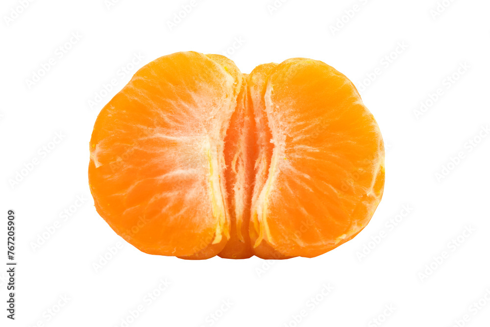 Isolated citrus segments. Collection of tangerine, orange and other citrus fruits peeled segments isolated on white background with clipping path.