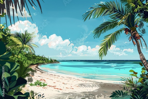 Vibrant tropical beach paradise with turquoise water  white sand  and lush palm trees  digital illustration