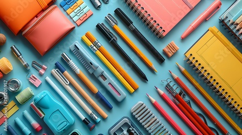 a variety of school and college supplies, such as notebooks, pencils, glue sticks, and index cards, each item showcased in meticulous detail against different solid color backgrounds. photo