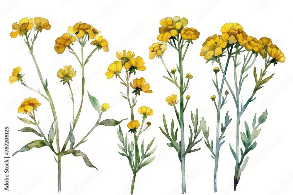 Watercolor illustration set of yellow common tansy wildflowers, hand-drawn botanical clipart elements