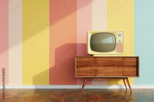 Retro interior with a vintage TV on a wooden cabinet  and striped coloured wall in warm colours, light and shadows on the wall.