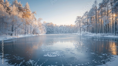 A serene, frozen lake surrounded by snow-covered trees under a clear, winter sky