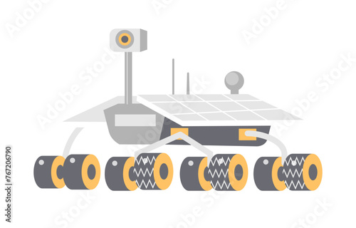 Lunar rover for planet surface exploration, side view of robot vehicle with camera and antenna vector illustration