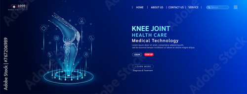 Knee joint bone health care. Diagnose disease with technology artificial intelligence. Medical website template layout design. Banner for medical ads online social media. Vector.