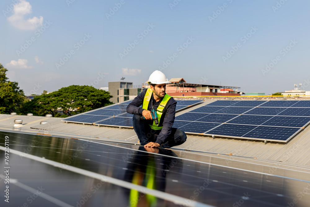 custom made wallpaper toronto digitalEngineer service check installation solar cell on the roof of factory. Engineers walking on roof inspect and check solar cell panel. Engineer working inspection installation solar cell on the roof