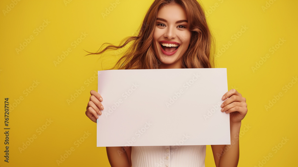 Mulher feliz com roupas fashion segurando um cartaz em branco isolada no fundo amarelo - obrazy, fototapety, plakaty 