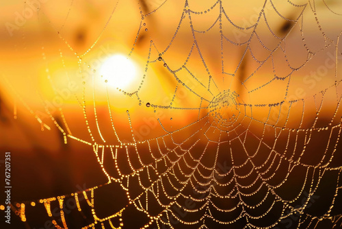 Spider web with dew drops at sunset