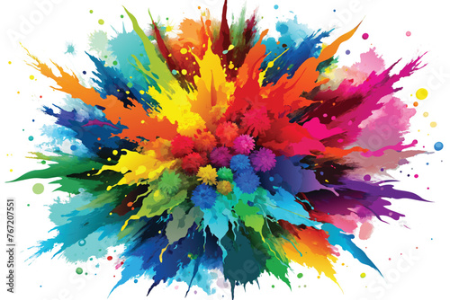 Vibrant rainbow hues burst forth in a dynamic holi paint powder explosion vector, set against a clean panoramic backdrop