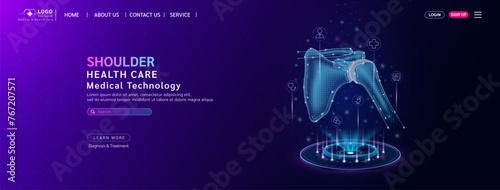 Shoulder bone health care. Diagnose disease with technology artificial intelligence. Medical website template layout design. Banner for medical ads. Science medicine business. Vector.