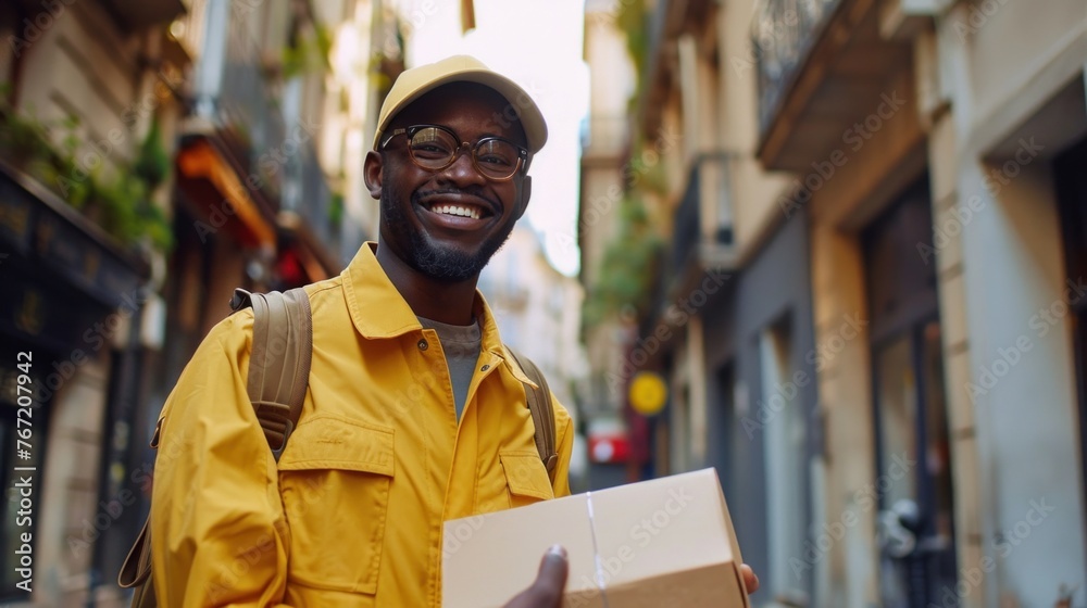 A man in a yellow jacket and hat smiling holding a box walking down a narrow street lined with buildings and plants.
