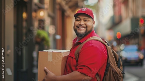 A delivery person in a red uniform smiling carrying a box and wearing a cap with a logo walking down a city street.