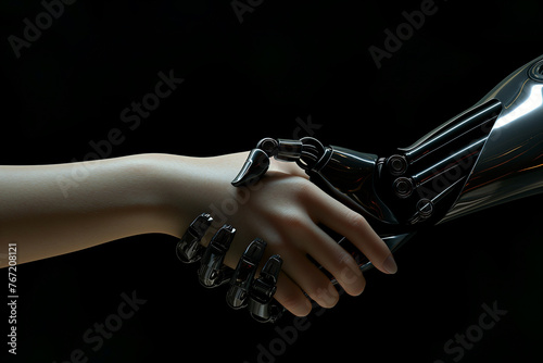 Digital robot handshake human background futuristic digital age robot science digital technology. Generative AI