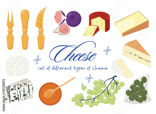 Set of different types of cheese. Cheddar, brie, roquefort, gouda, comte, morbier. Cut into triangles and slices of delicious cheeses. Flat vector illustration in flat style isolated on background.