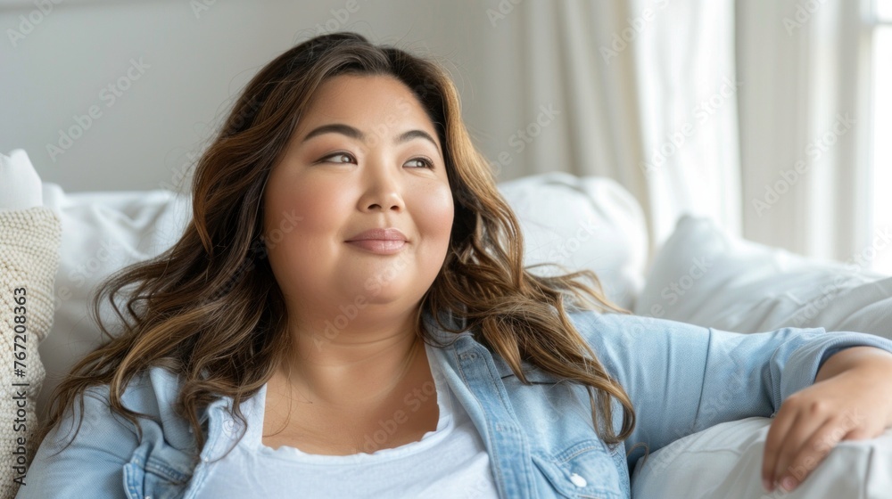 Smiling woman with long hair wearing a denim jacket sitting on a white couch with a white pillow and a beige throw blanket looking to the side with a relaxed expression. Smiling woman with long hair wearing a denim jacket sitting on a white couch with a white pillow and a beige throw blanket looking to the side with a relaxed expression.