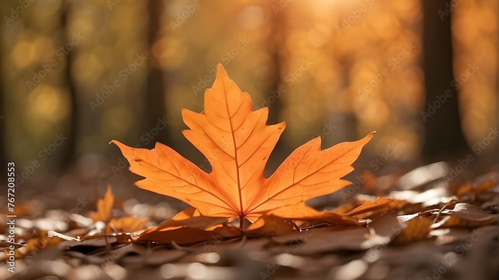 Gorgeous close-up of an orange fall maple leaf in a natural park, softly focused in the sunlight